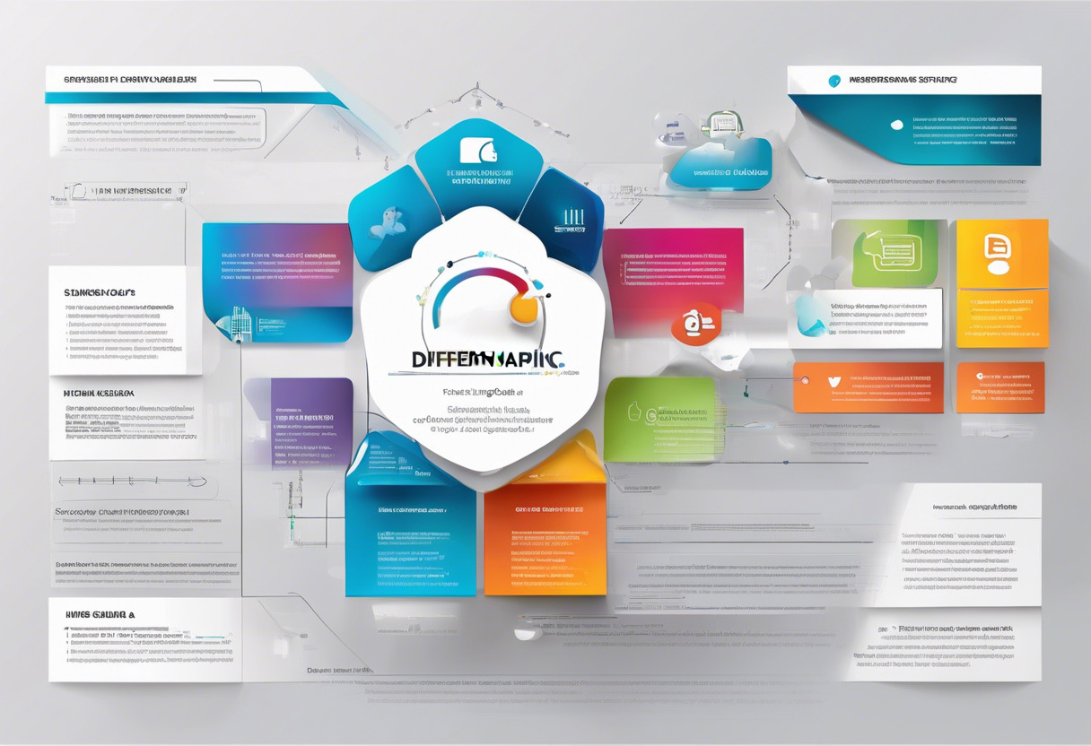 Colorful infographic showcasing Differente's integrated software solutions in the e-learning landscape, displaying a dynamic merger of traditional learning and emerging technologies