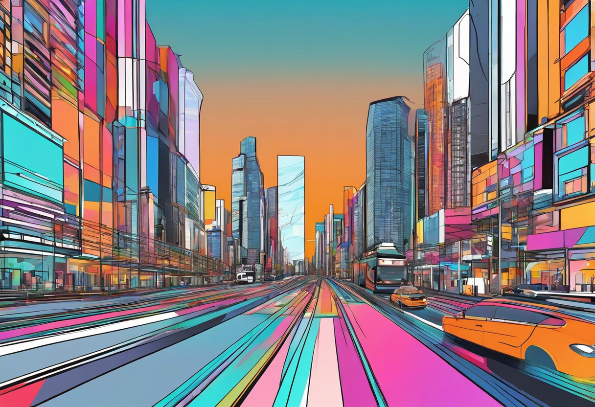 Colorful interactive experience of Pano2VR's panoramic tour of a bustling cityscape