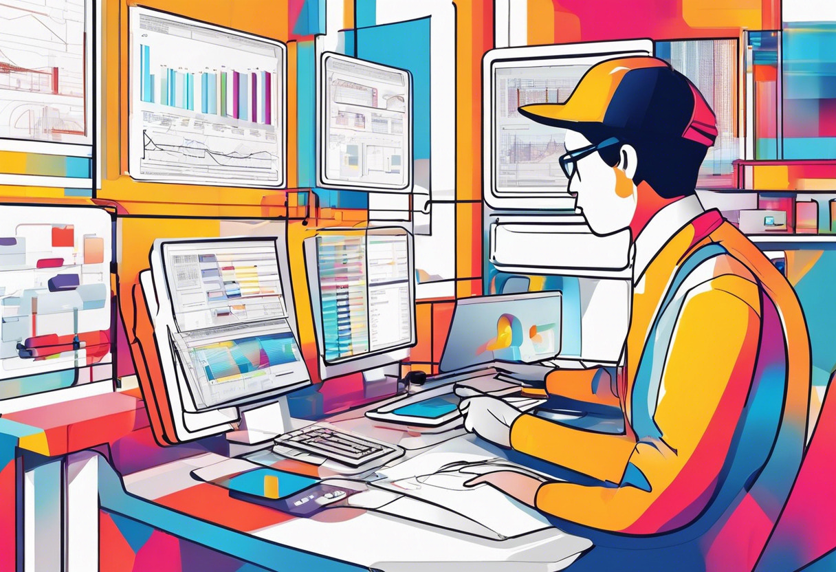 Colorful manufacturing personnel analysing production data on MES interfaces