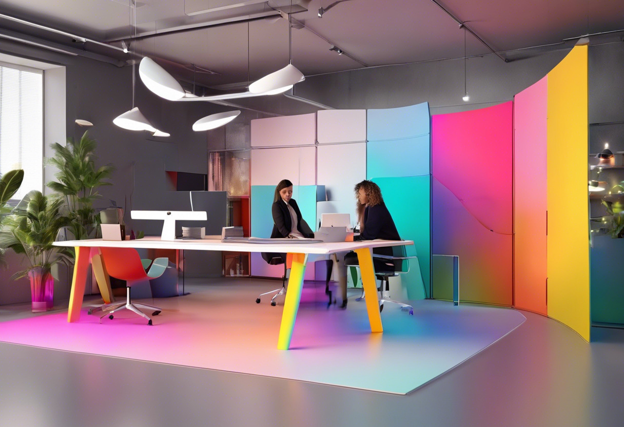 Colorful office room with a diverse team creating infographics using Canva