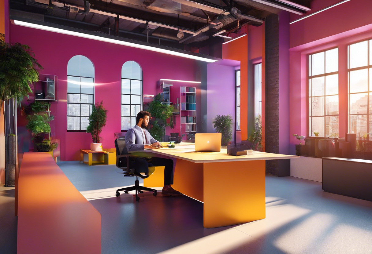 Colorful office scene with a business owner using the Wix interface