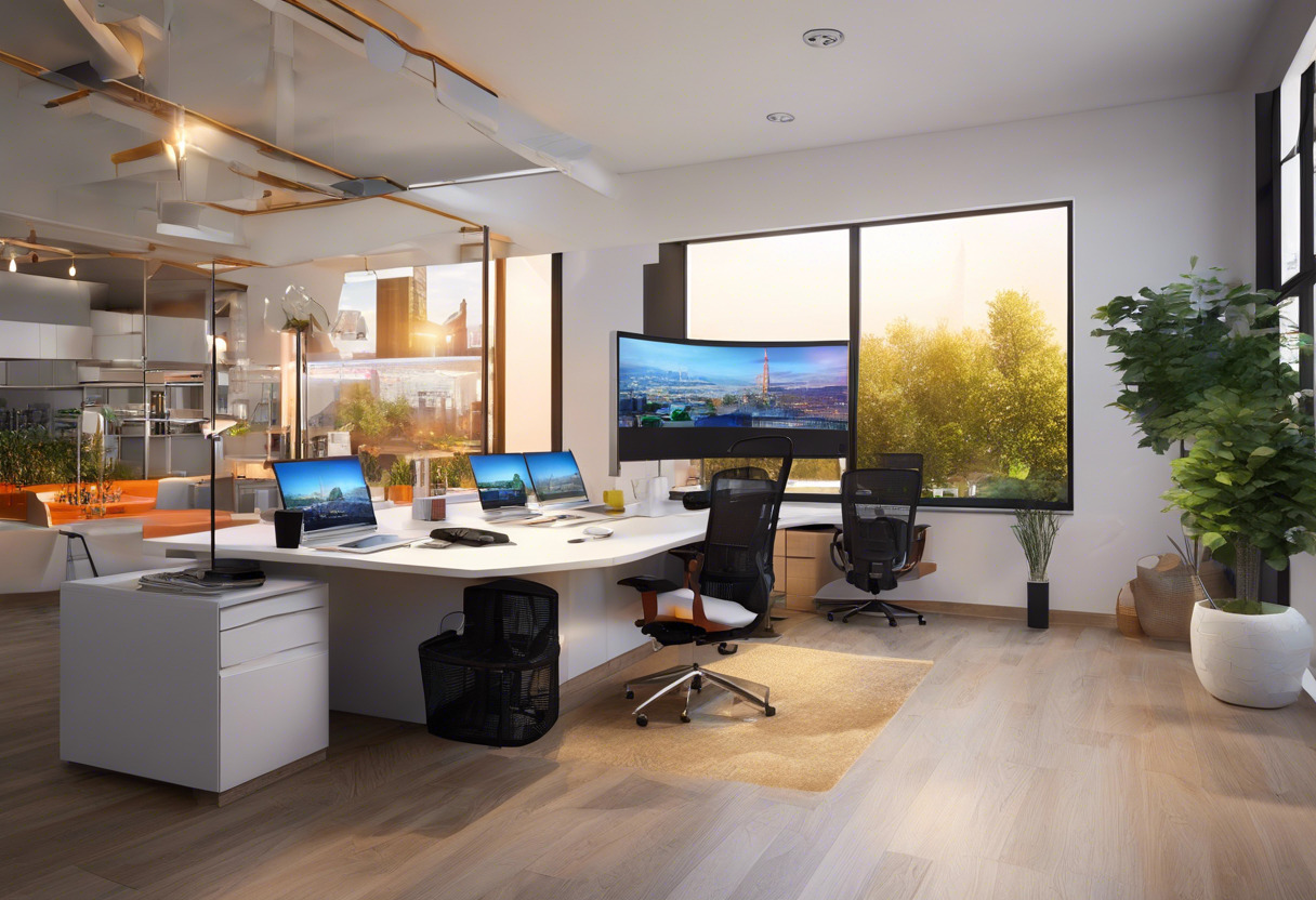 Colorful panorama of 3DVista's 3D tour editor in action, placed in an innovative workplace