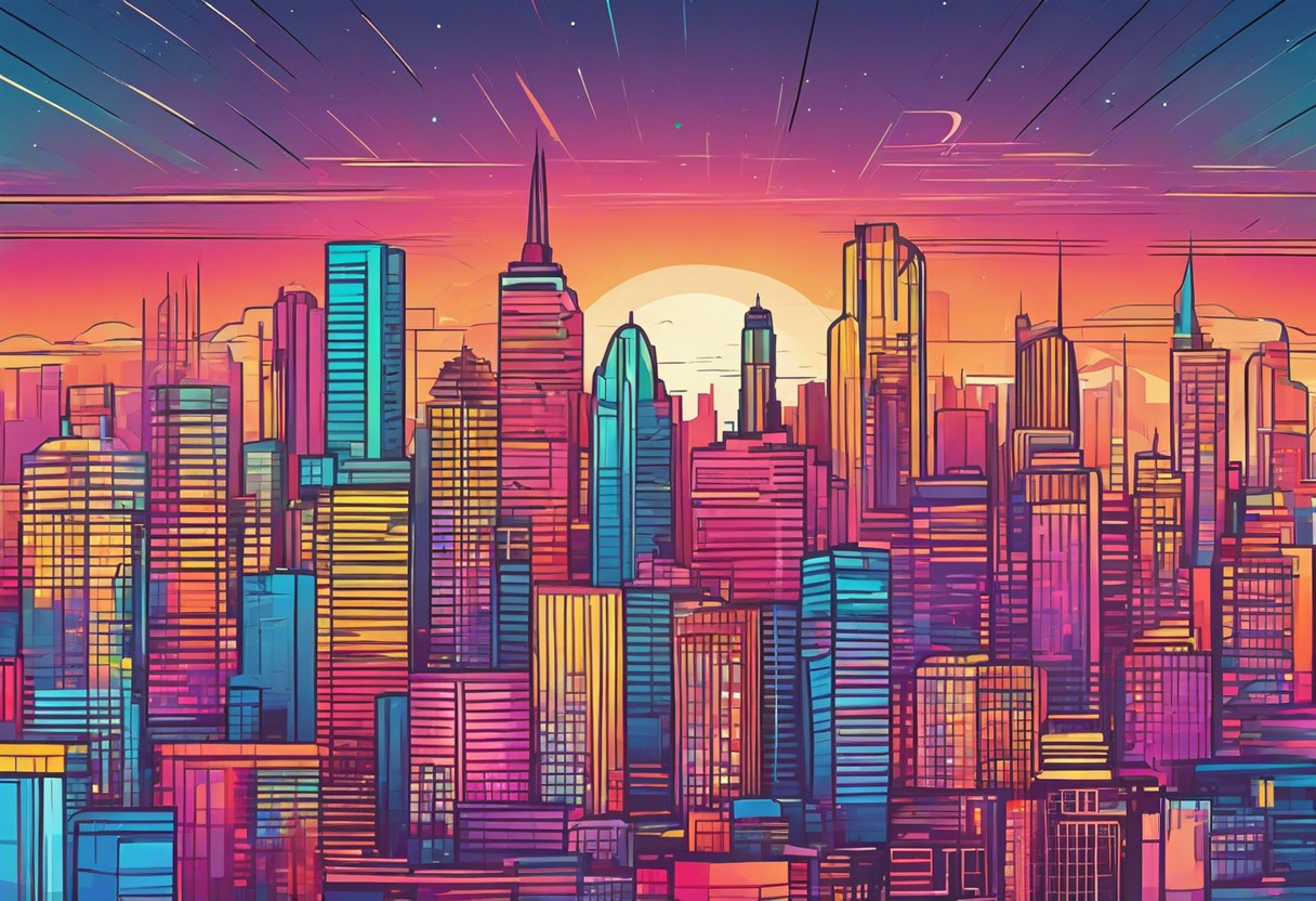 Colorful panoramic view of a digital cityscape
