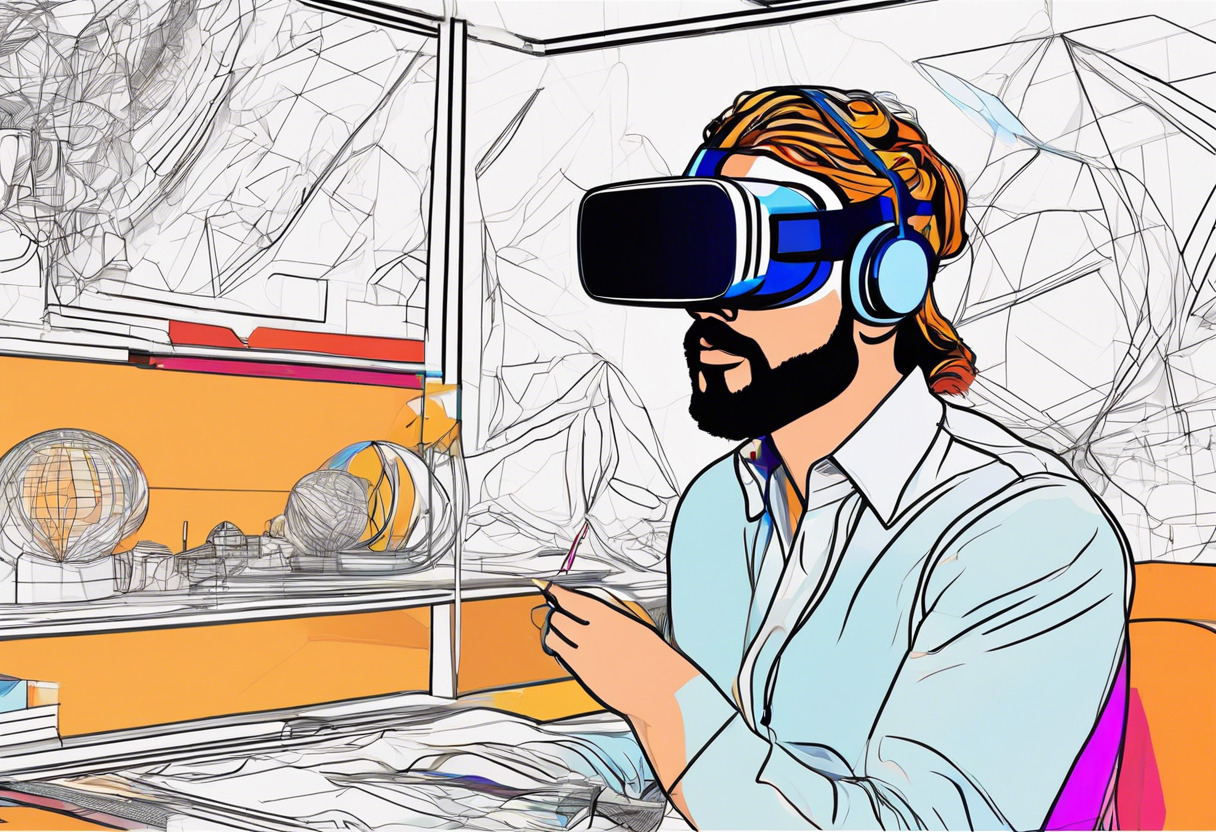 Colorful portrait of an artist with VR headset designing intricate 3D figures in a virtual atelier, signifying the reality of Masterpiece Studio