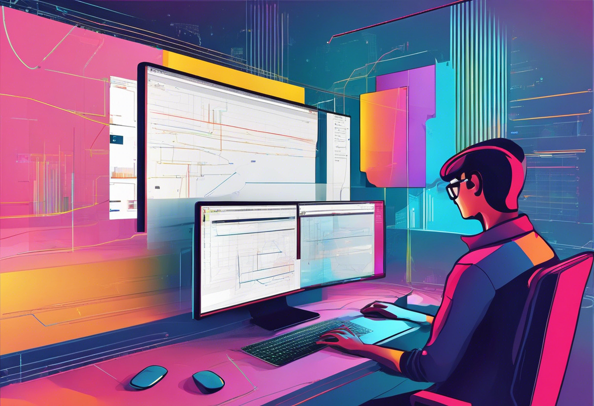 Colorful reflection of a developer mapping out algorithms on WebGPU interface in a tech studio