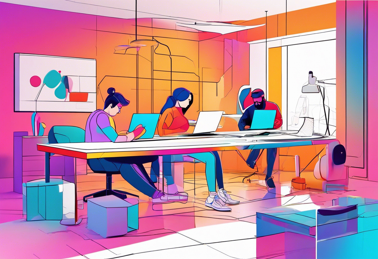 Colorful render of designers working on a 3D game model in a vibrant studio