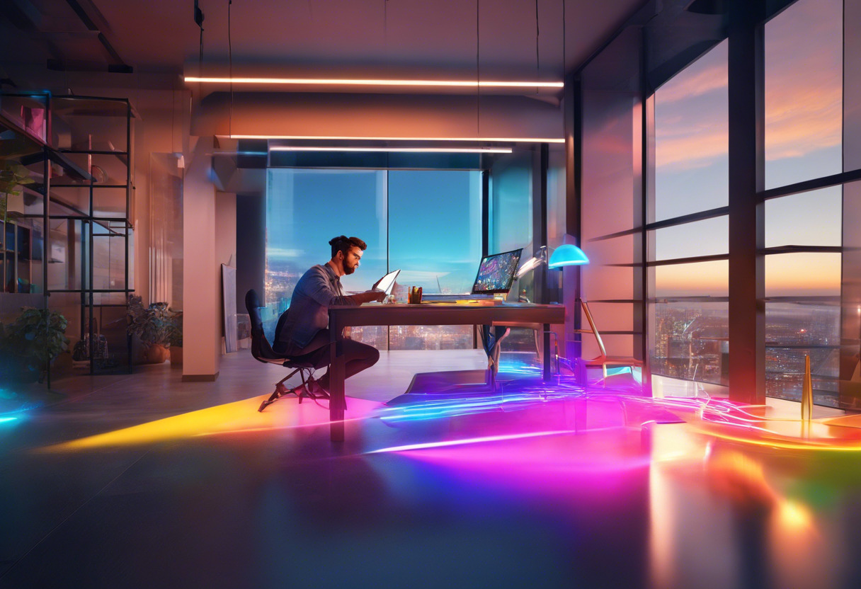 Colorful rendering of a developer in a modern workspace creating Spark AR effects