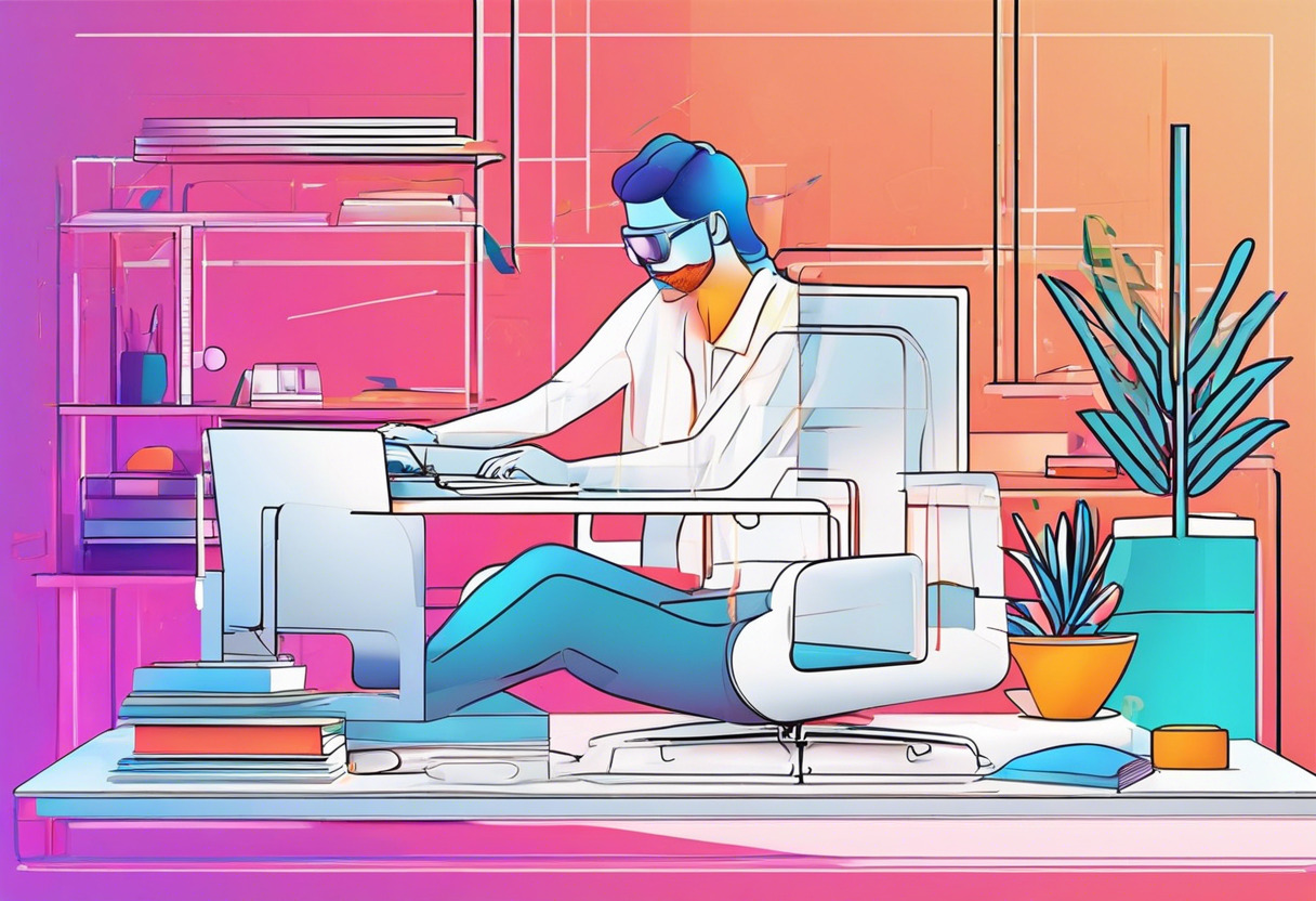 Colorful rendering of a user creating a 3D model at a digital workspace