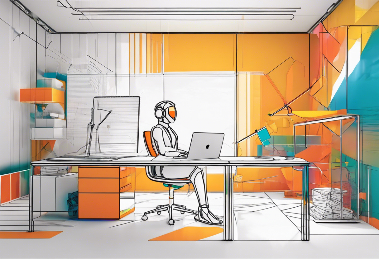 Colorful representation of a 3D humanoid designed via MakeHuman, sitting in a virtual office