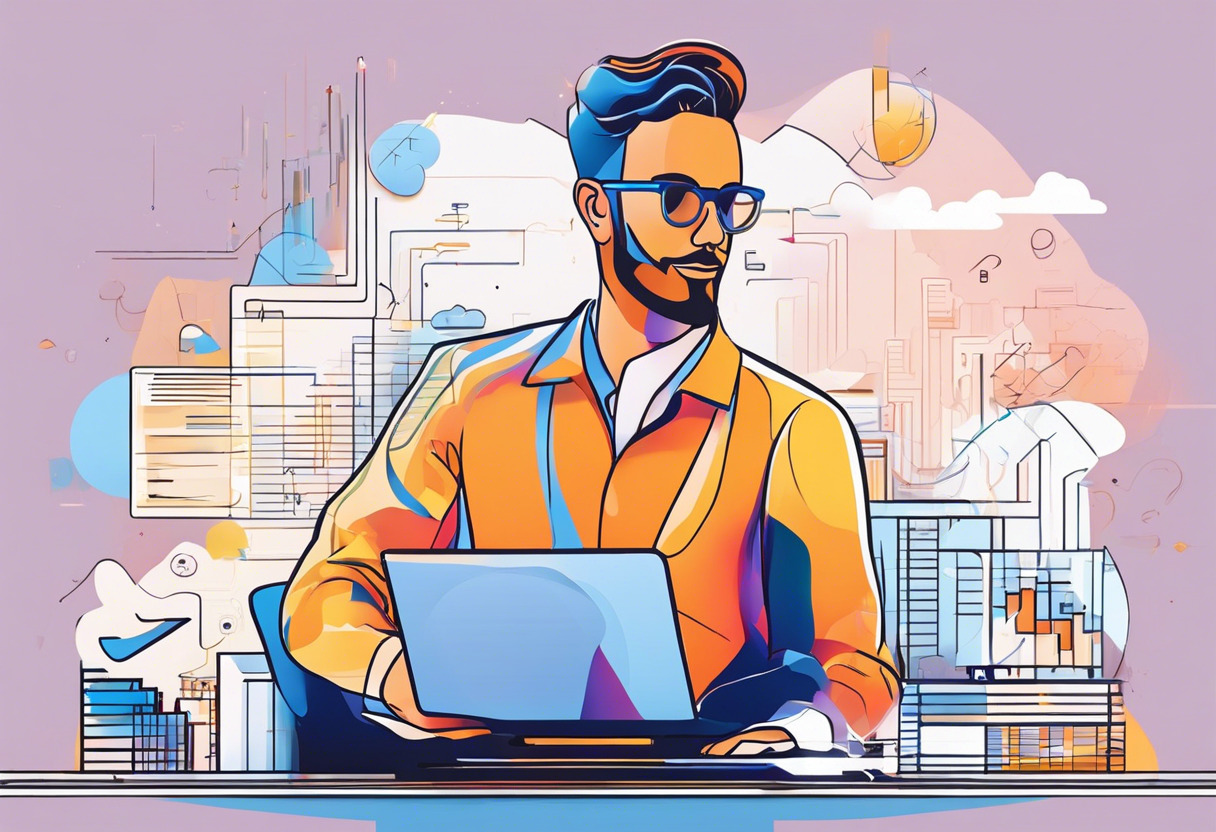 Colorful representation of a digital entrepreneur optimally using Kajabi's features for business growth