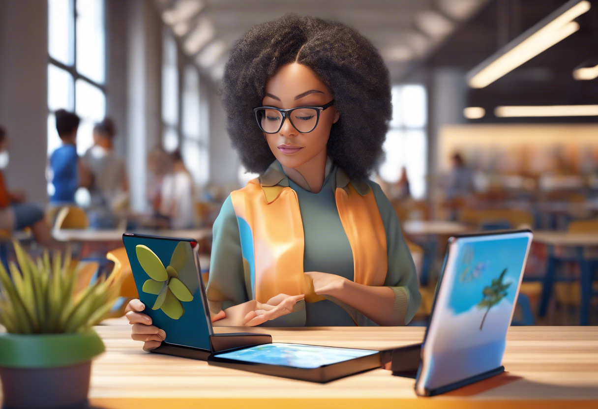 Colorful representation of a focused learner utilizing Moodle's drag-and-drop feature on her portable tablet, with an open vista of a nurturing educational institution in the backdrop