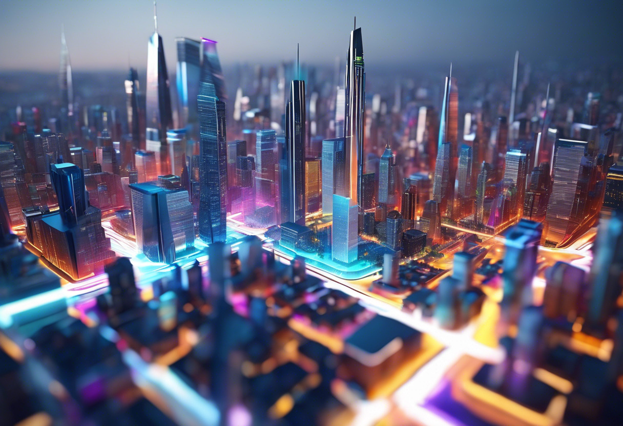 Colorful representation of a futuristic cityscape with visionary tech-leaders shaping AR innovations