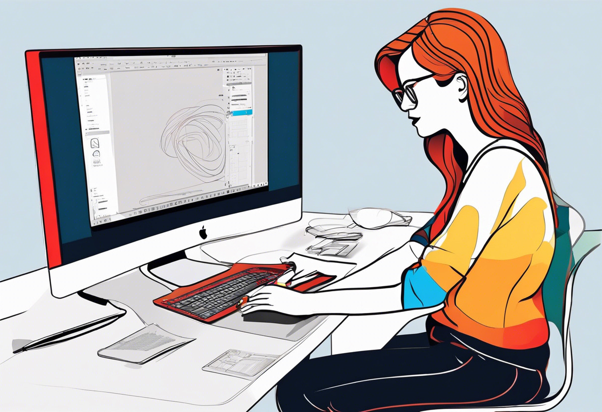 Colorful representation of a graphic designer using Adobe Photoshop on a Macintosh computer