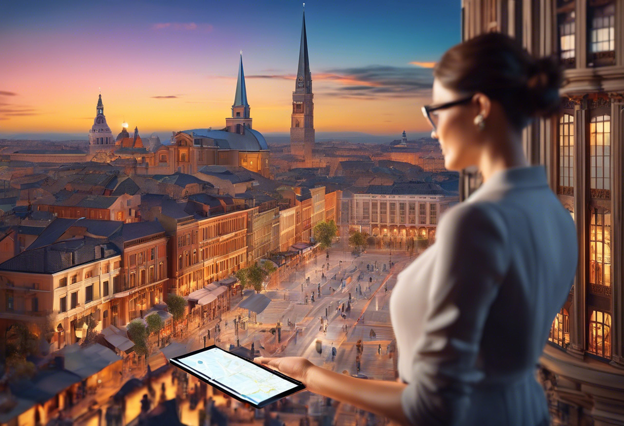 Colorful representation of a tech-savvy user interacting with dynamic, knowledge-rich layers of augmented reality, uncovering architectural details of a historical cityscape