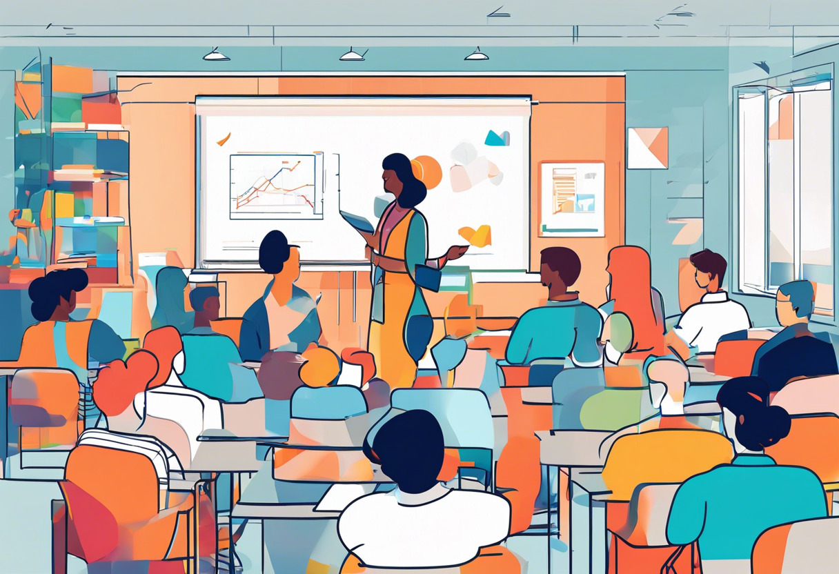 Colorful representation of engaged learners interacting with the TalentLMS learning platform in a digital classroom environment