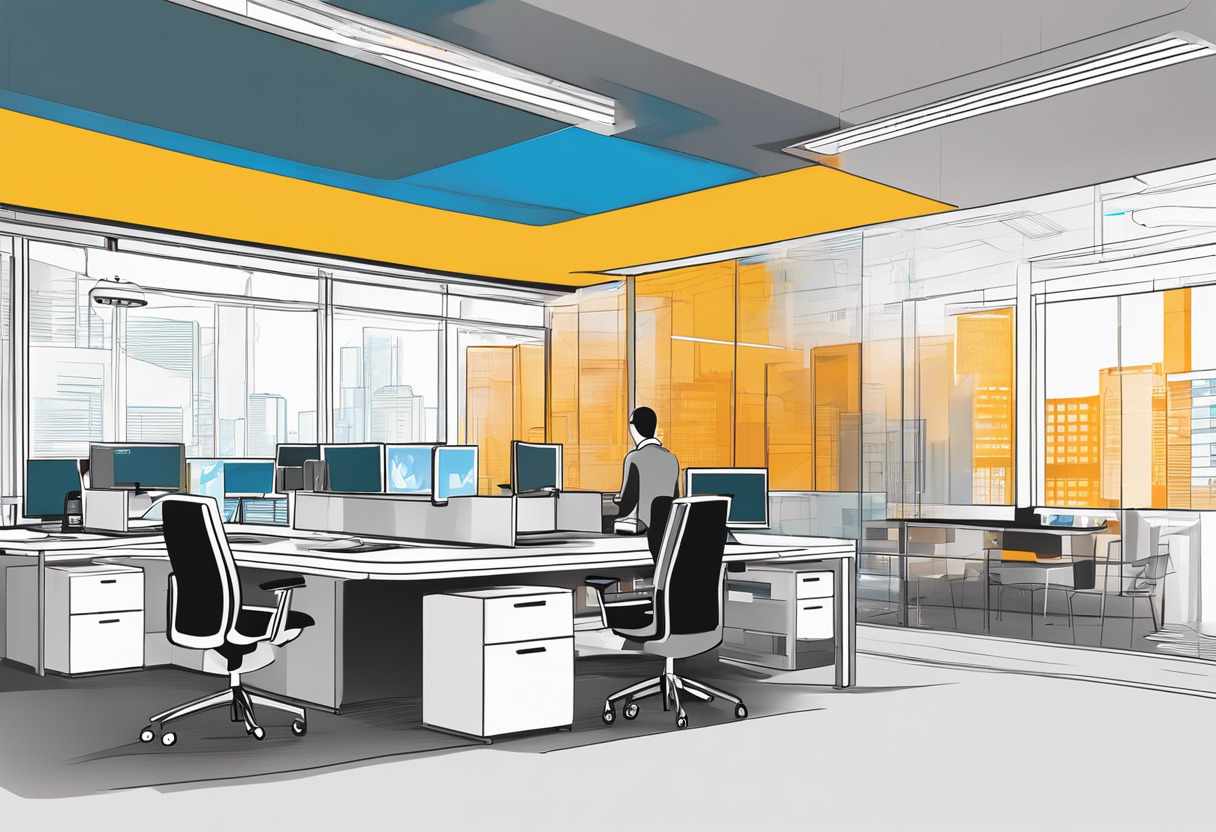 Colorful representation of SAP S/4HANA Asset Management software, situated in a bustling contemporary workspace