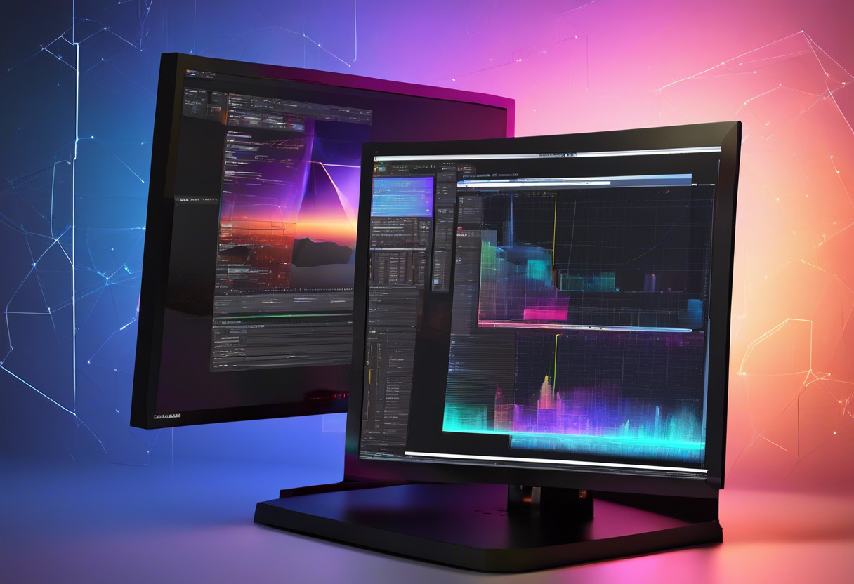 Colorful representation of TouchDesigner node-based visual programming on a programmer's monitor