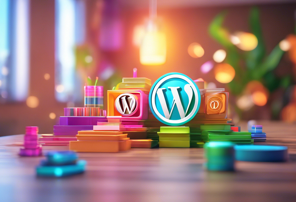 Colorful representation of WordPress icons in a vibrant office environment