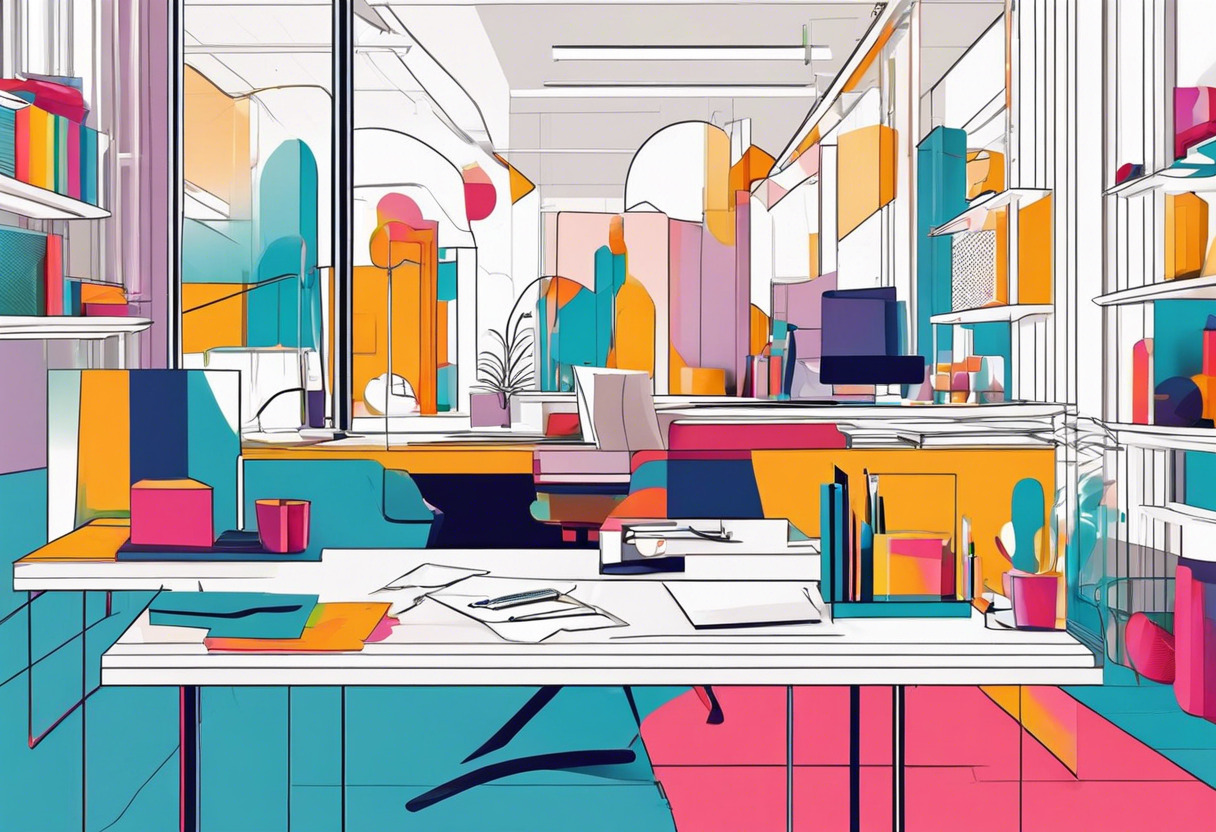 Colorful scene depicting an artist creating captivating 3D designs using Aircada in a modern office