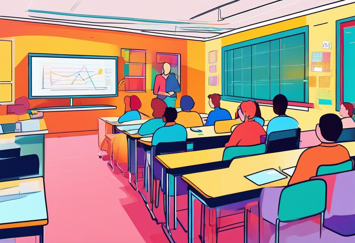 Colorful scene in a vibrant tech-conducive classroom, a teacher presenting Google Classroom on a smart board.