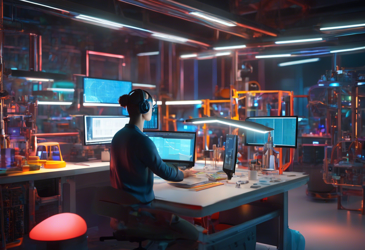 Colorful scene of a 3D artist working in a high-tech lab, uploading a model to Sketchfab.