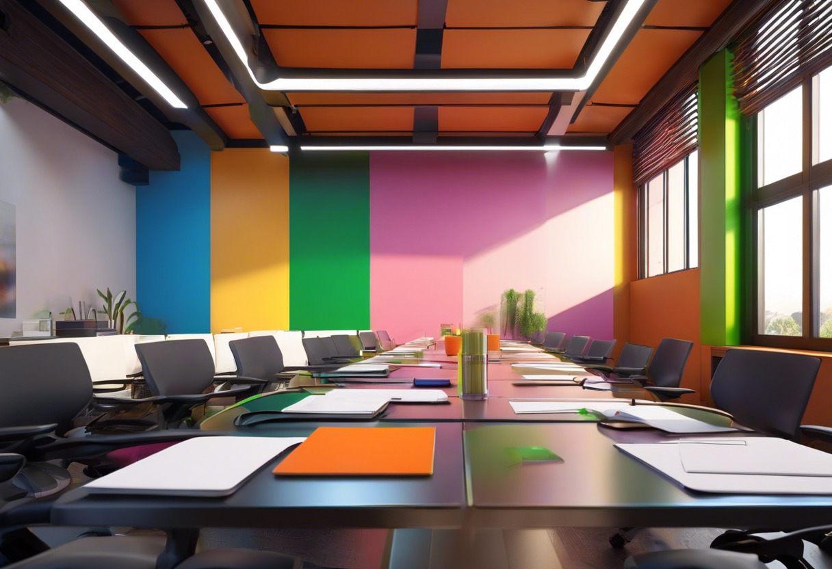 Colorful scene of a busy corporate training session using Docebo