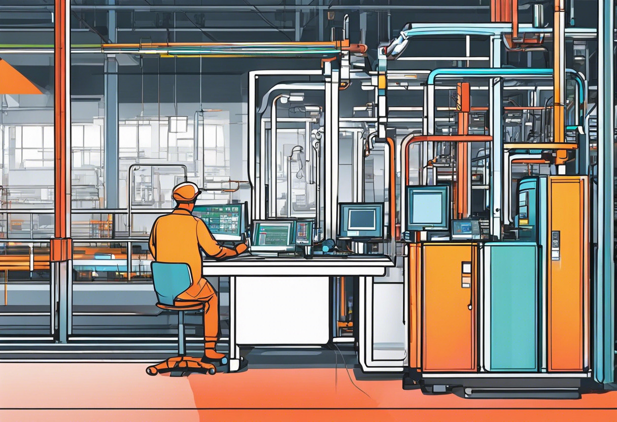 Colorful scene of a person operating PLC in a manufacturing facility