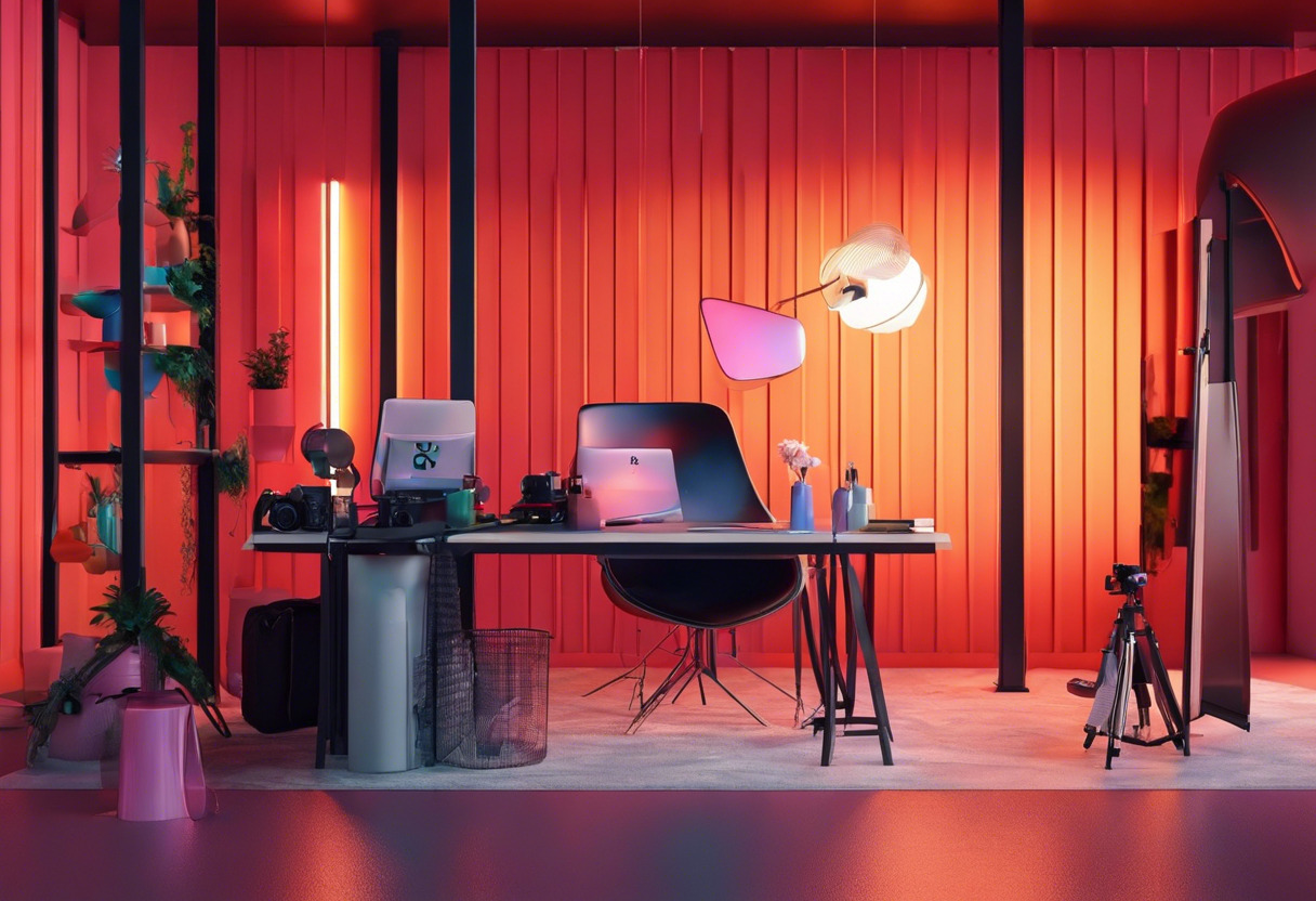 Colorful scene of a photographer in a creative studio using GIMP for digital retouching