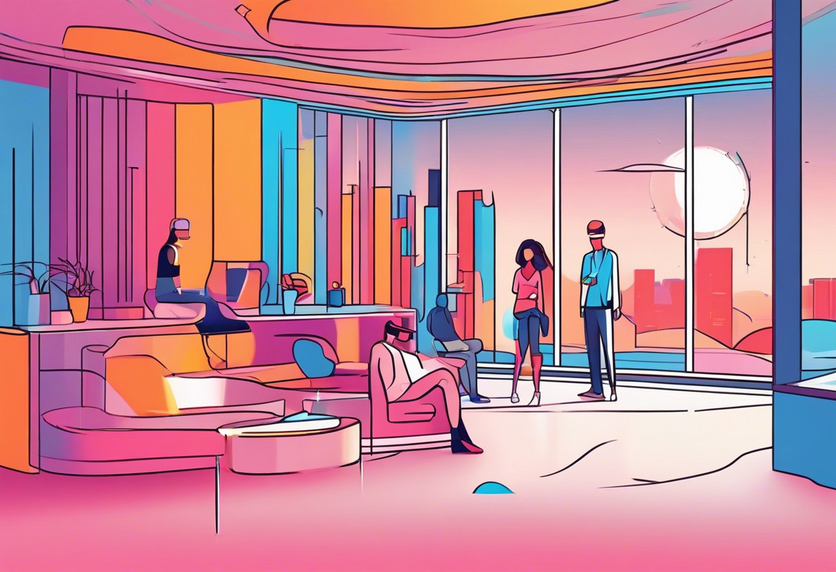 Colorful scene of animated characters in a virtual reality space