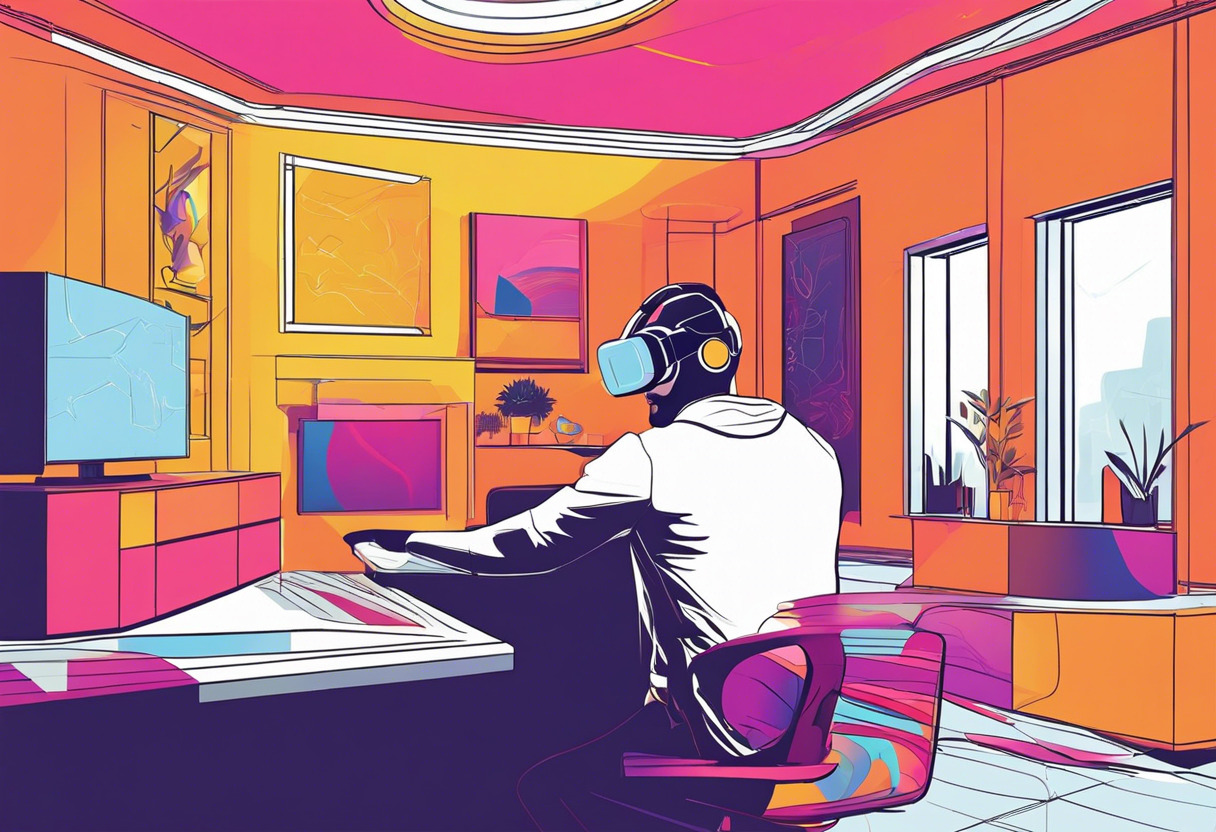 Colorful scene portraying a tech enthusiast using Oculus Rift in a modern gaming room