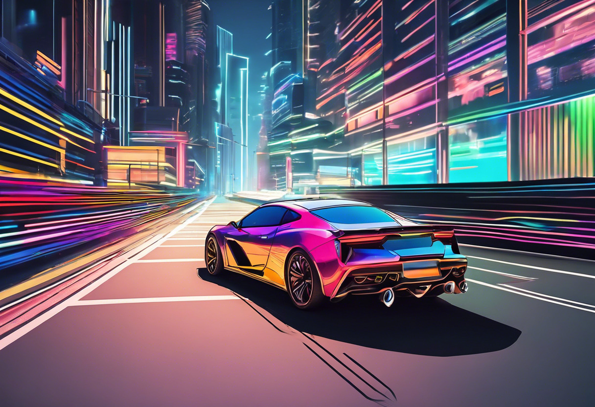 Colorful screenshot of a high definition game depicting street racing in Unreal Engine's advanced graphical design