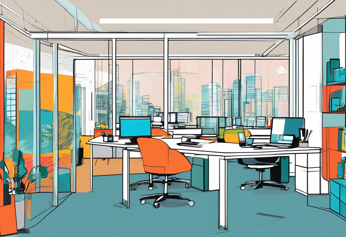 Colorful snapshot of a bustling office space, visualizing TRIRIGA's impact