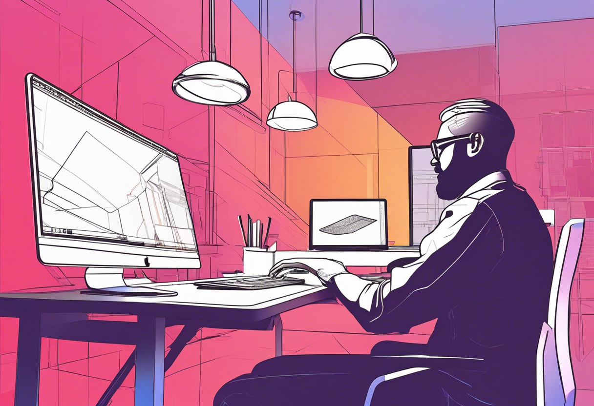 Colorful snapshot of a designer creating 3D models in SketchUp in a modern workspace