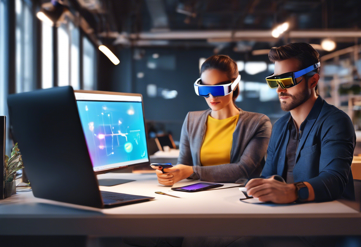 Colorful snapshot of a technology enthusiast using AR glasses in a modern workspace