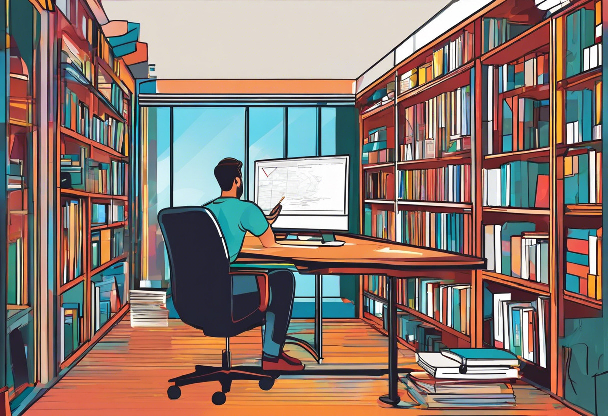 Colorful snapshot of an entrepreneur exploring Skillsoft's extensive course library in his office