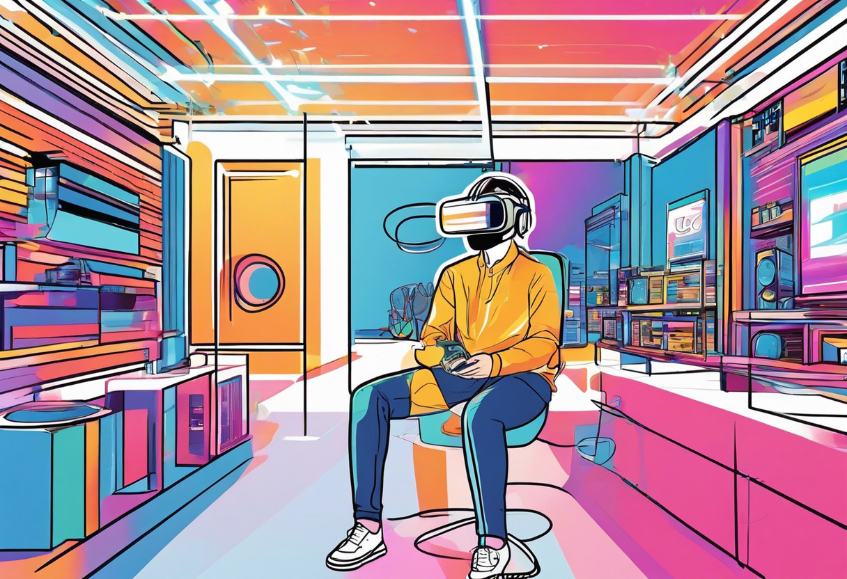 Colorful spectacle of a person immersed in a VR gaming experience at an electronic store