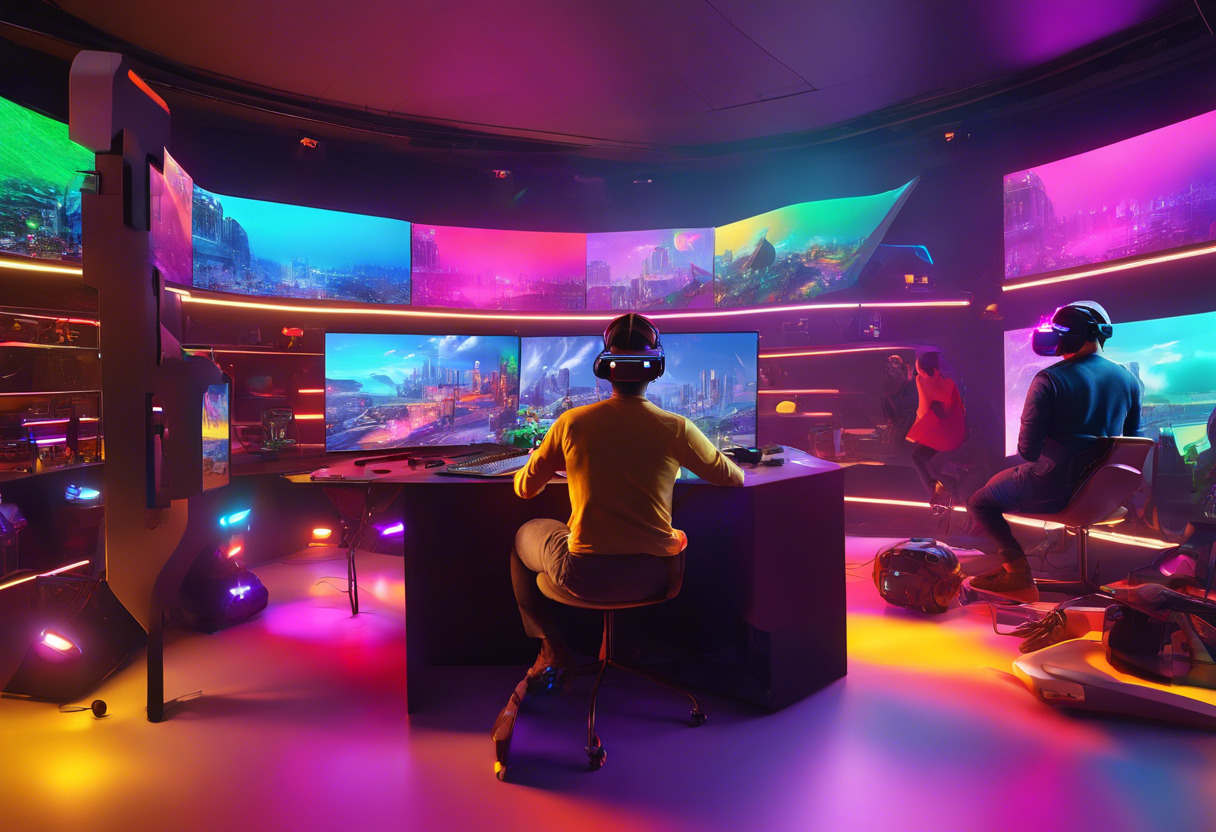 Colorful spectrum of engaged gamers interacting in a realm of virtual reality