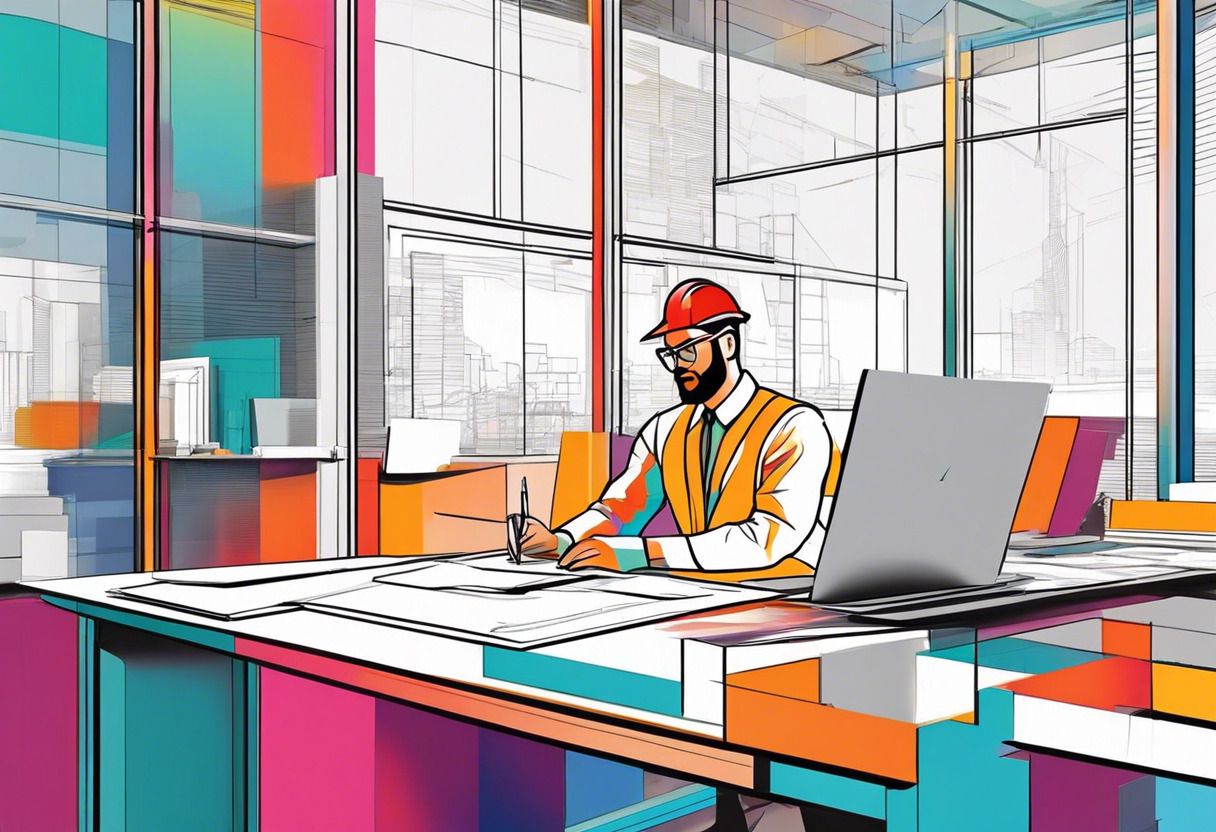 Colorful structural engineer working on 3D designs in a busy office