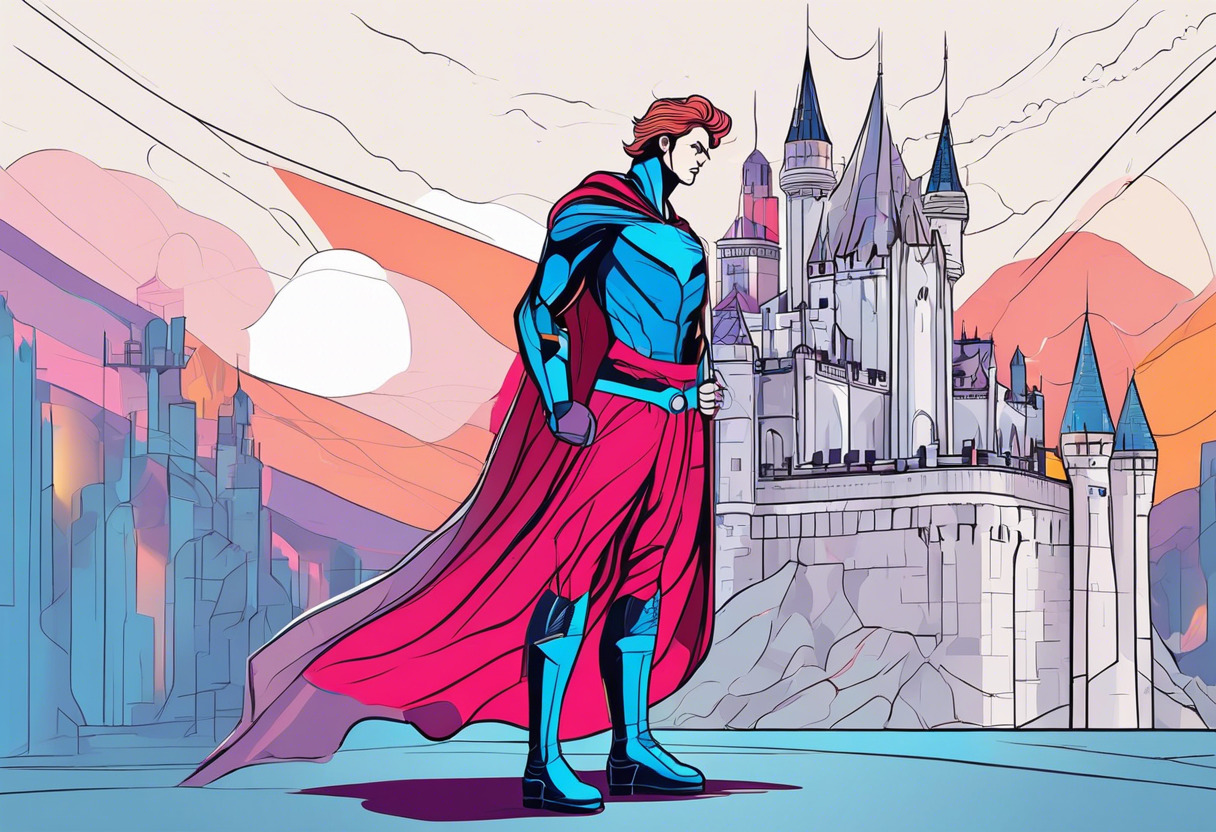 Colorful superhero and a gothic castle