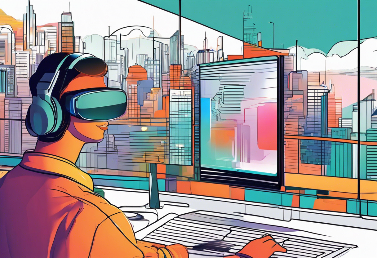 Colorful tech enthusiast exploring a virtual cityscape using Apple Vision Pro