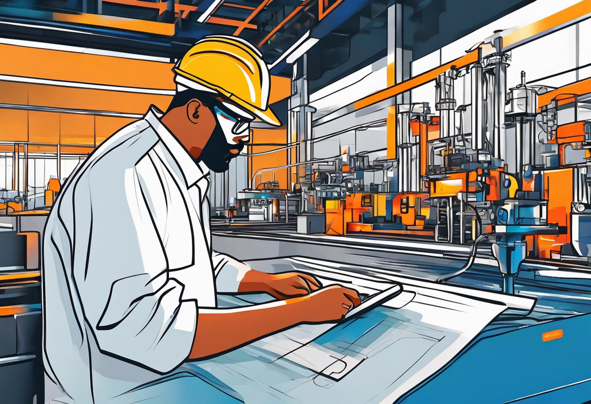 Colorful technician using mobile application at a manufacturing site