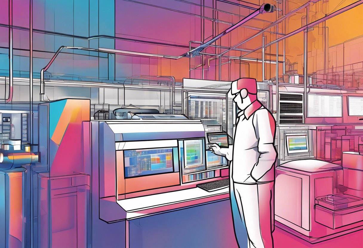 Colorful view of IBM Maximo's cloud-based interface with an engineer at an advanced manufacturing facility