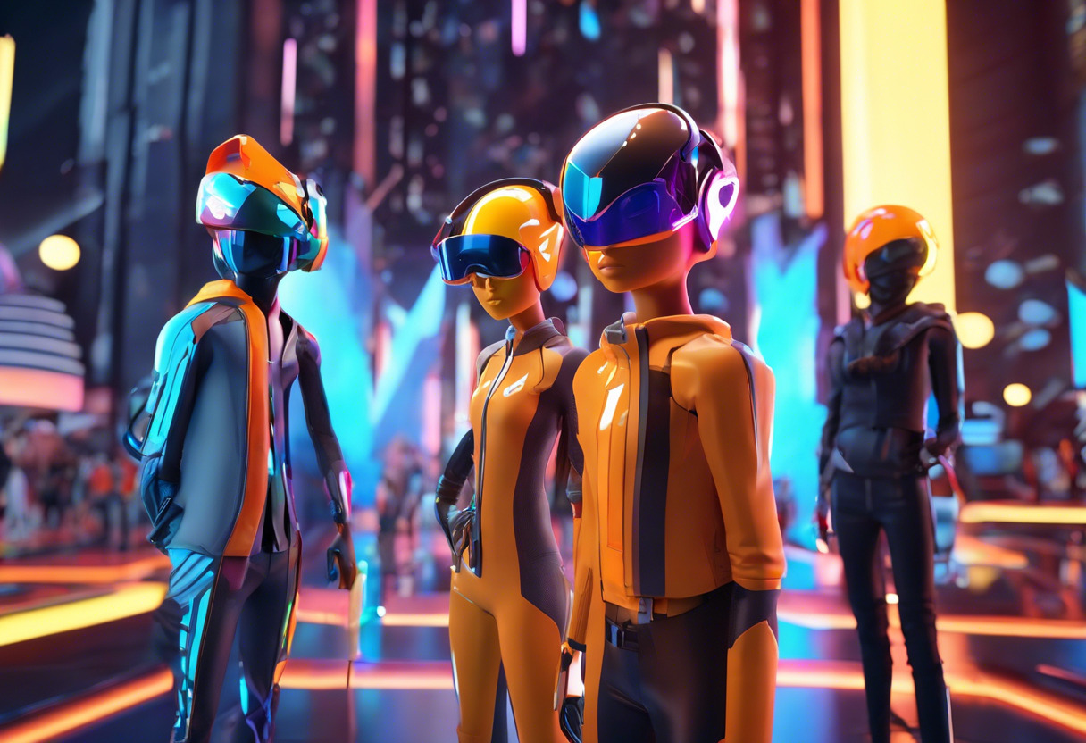 Colorful virtual assembly of 3D avatars from VRChat celebrating in a futuristic city