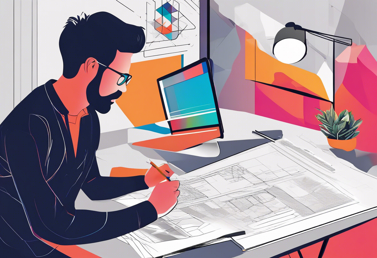 Colorful visual representation of Adobe InDesign with a designer working on a magazine cover layout in a modern studio
