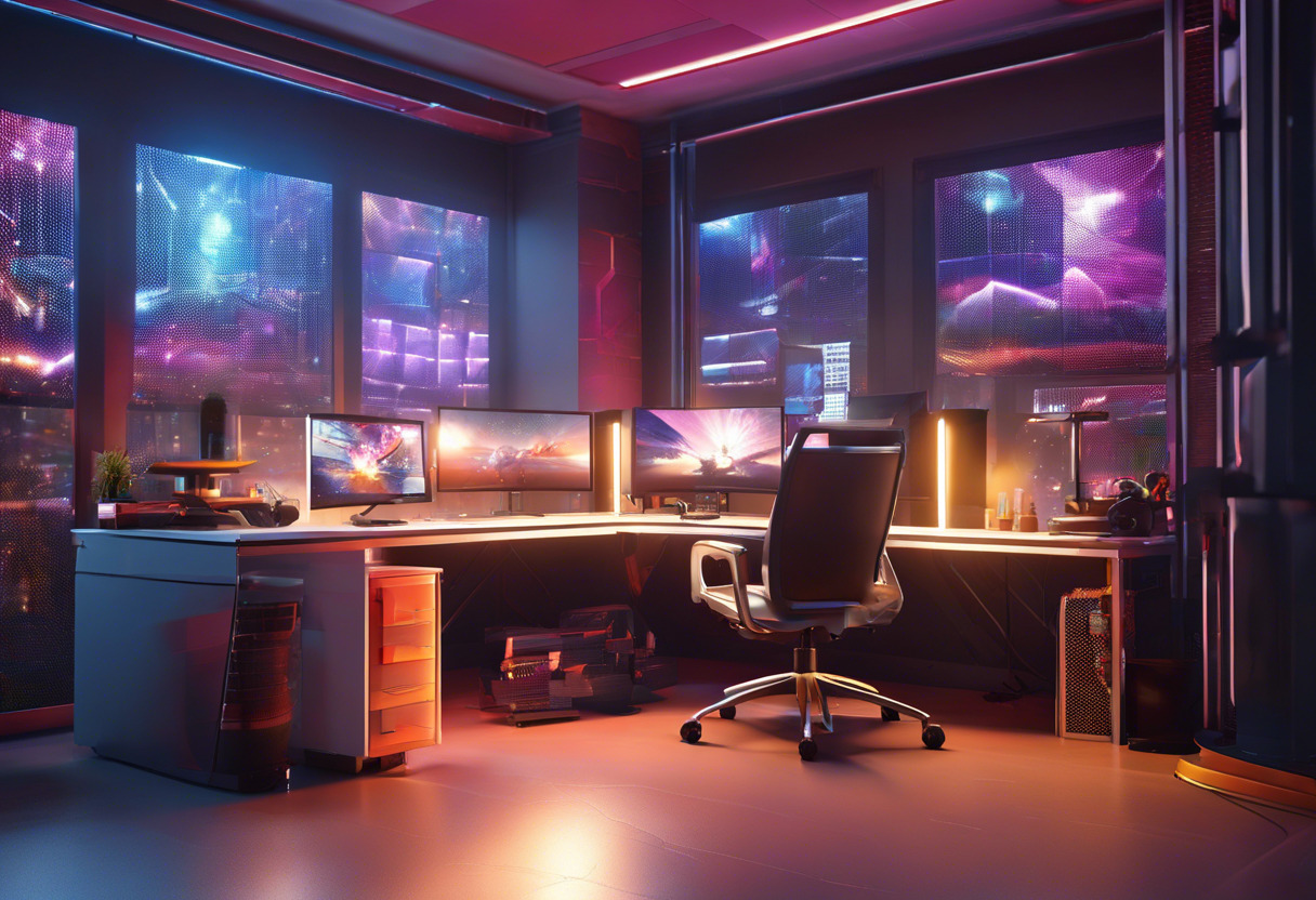 Colorful visualisation of a game developer working on Unreal Engine in a technologically advanced workspace