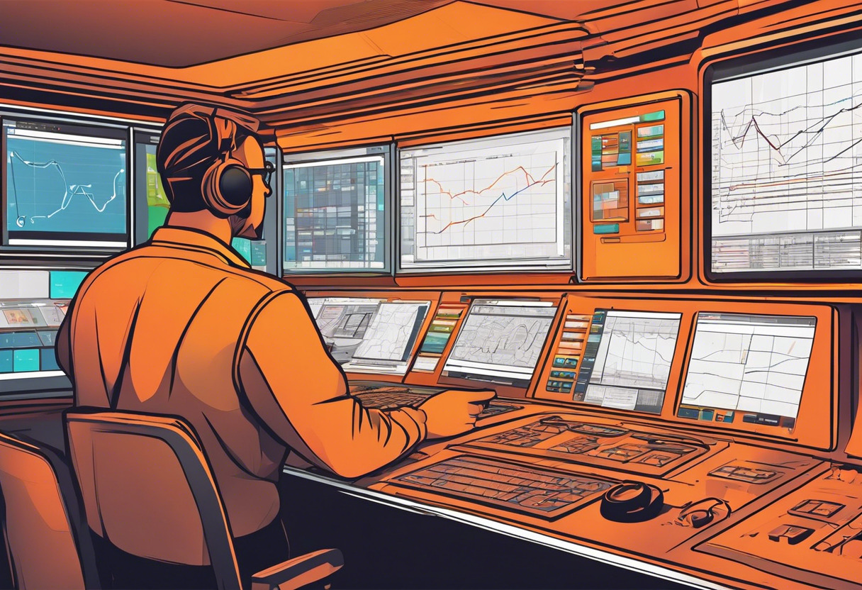 Colorful visualization of a control room engineer interacting with an HMI dashboard