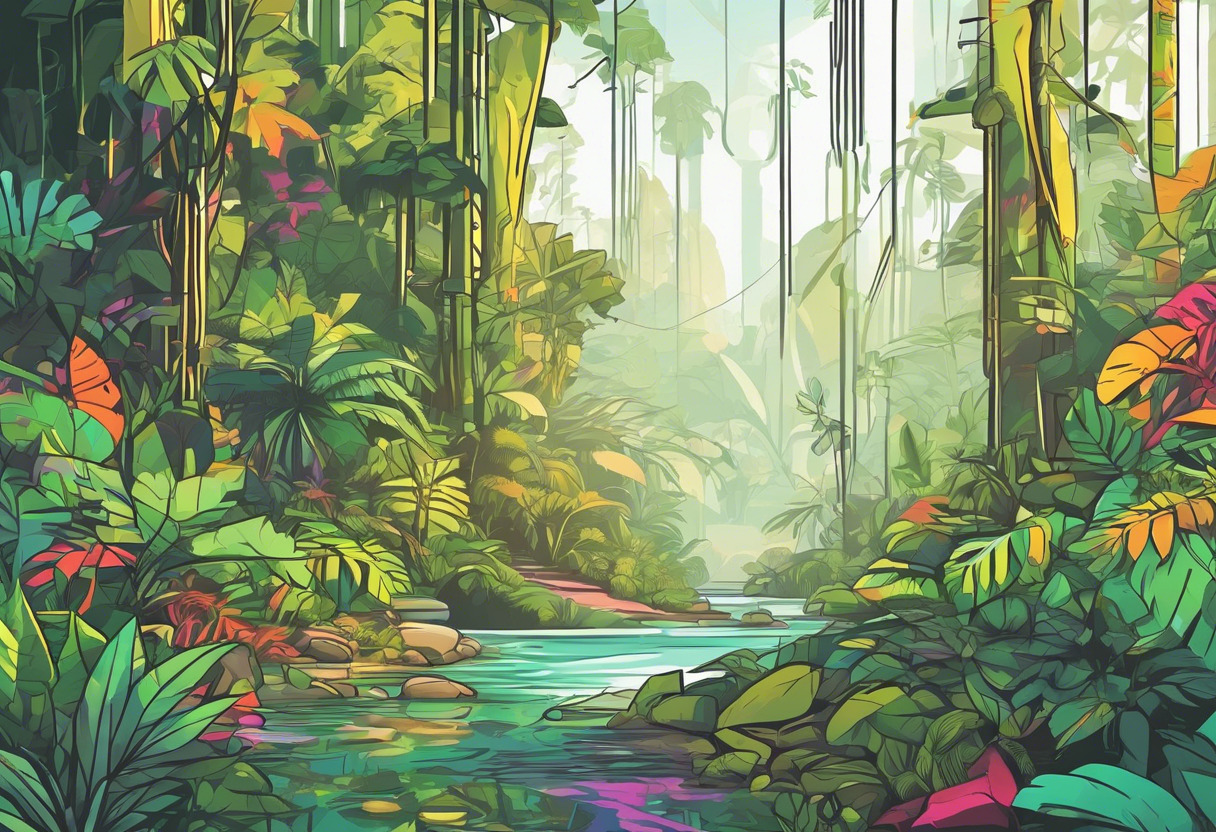 Colorful visualization of a CryEngine-powered video game set in a vivid, lush jungle