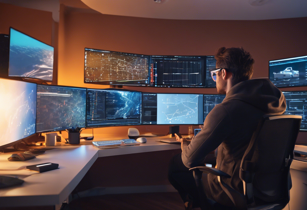 Computer coder with glasses intensely engaged in AR development on multiple screens showcasing different AR solutions in a high tech office.