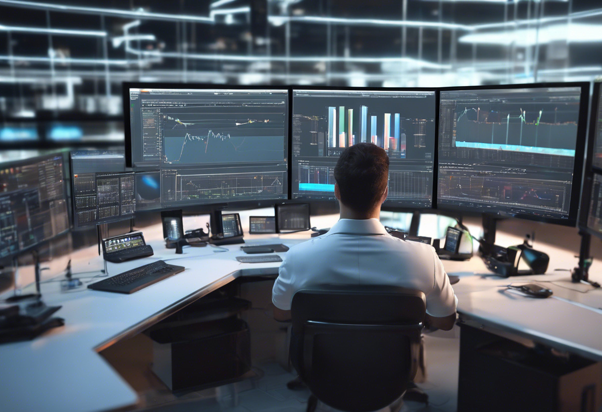 Control system engineer analyzing real-time data from HMI/SCADA system on multiple monitors