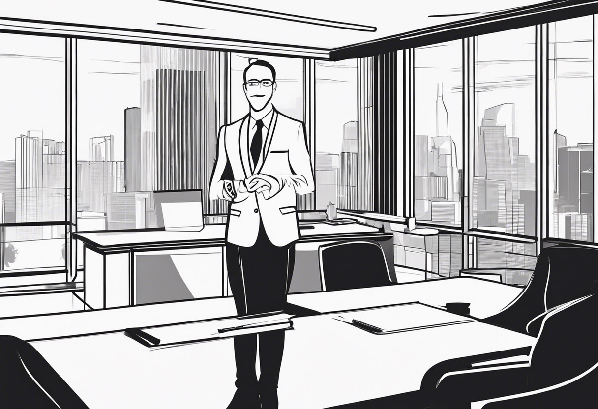 Corporate trainer, suit-clad, standing in a modern office, presenting LearnUpon on a large screen